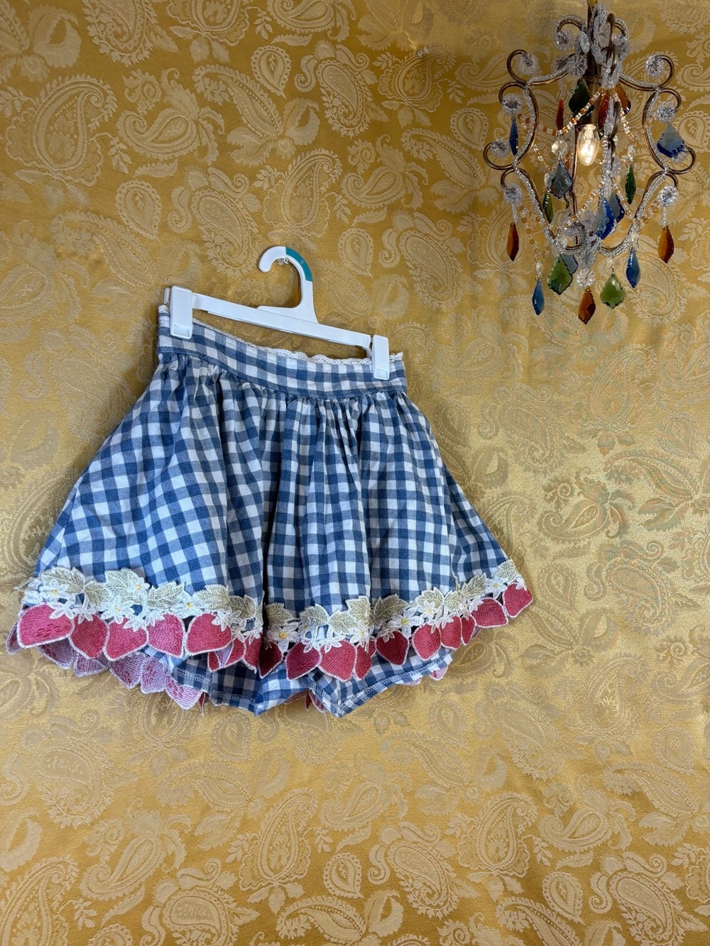 ✨Vintage Y2K Kawaii Coquette Gingham Embroidered Strawberry Trim Mini Skort✨